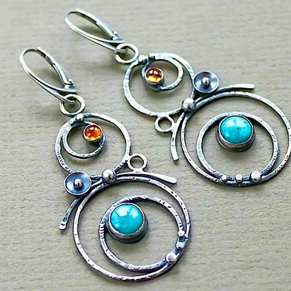 Bohemian Round Blue Stone Earrings Handmade Silver Engraved Round Dangle - Picture 5 of 7